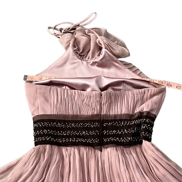 BCBGMAXAZRIA Rose Silk Ruffle Halter Tearose Pink Dress Beaded Tulle Belt 2 XS - Picture 5 of 12